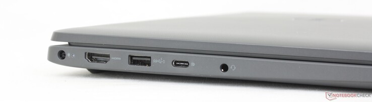 Links: geschützter AC-Adapter, HDMI 1.4, USB-A 3.2 Gen. 1, USB-C 3.2 Gen. 2 inkl. DisplayPort 1.4 + Stromversorgung, 3.5 mm Klinkenanschluss