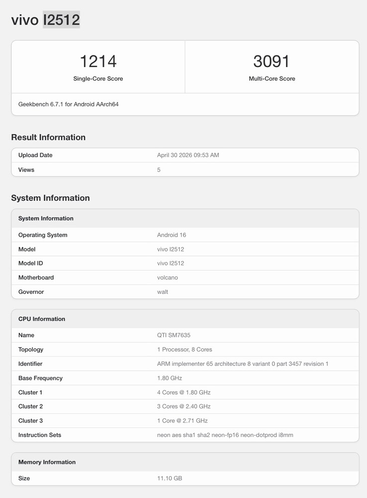 Geekbench-Eintrag zum iQoo Z11.