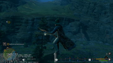 Auch das geht: Hogwarts Legacy im lokalem Streaming, man beachte die Performance-Metriken unten links (Bildquelle: Notebookcheck)