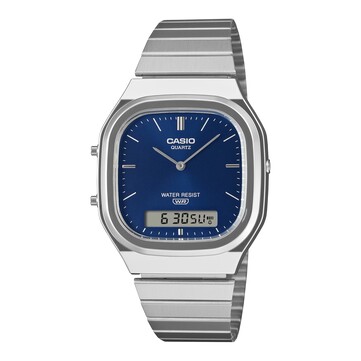 Casio AQ-240E-1A, analoge Retro-Digitaluhr mit schwarzem Sonnenschliff-Zifferblatt, silberfarbenem Gehäuse und Edelstahlarmband.