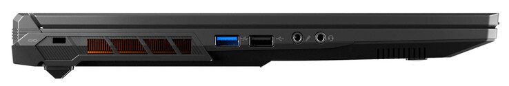 Linke Seite: Steckplatz für ein Kabelschloss, USB 3.2 Gen 1 (USB-A), USB 2.0 (USB-A), Mic-In, Audiokombo