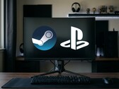 Steam- und PlayStation-Logos werden auf einem PC-Monitor angezeigt.
