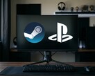 Steam- und PlayStation-Logos werden auf einem PC-Monitor angezeigt.