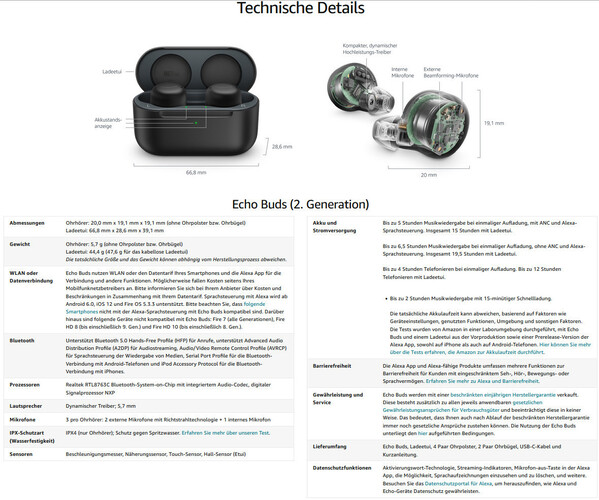 Amazon Echo Buds: Das sind die Spezifikationen der In-Ear-Kopfhörer mit Alexa.