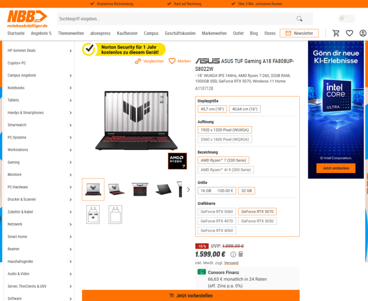 Asus TUF Gaming A18 FA808UP-S8022W für 1.599 Euro.