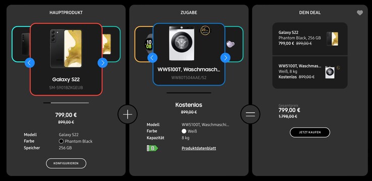 Wer ein Smartphone kauft, kann eine Waschmaschine, eine Galaxy Watch5 oder auch Galaxy Buds2 Pro kostenlos dazu erhalten. (Bild: Samsung)