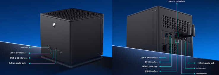 Design und Anschlusskonfiguration des Thunderobot AI Mini Workstation PC. (maschnell übersetzt)