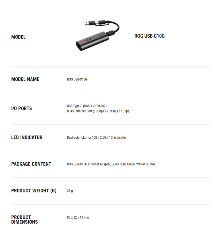 Vollständige technische Daten des ROG USB-C10G.