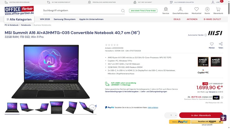 MSI Summit A16 AI+ A3HMTG-035 für 1.699,90 Euro.