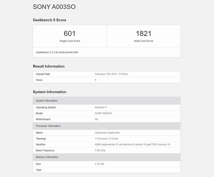 Der vermeintliche Geekbench-Eintrag zum Sony Xperia 10 III. (Bild: Geekbench, via Sumahoinfo)