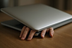 Alltägliche Verletzung von Laptopnutzern: Hände klemmen im Laptop fest (Bildquelle: KI-generiert)