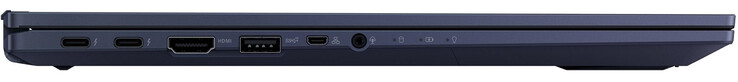 Linke Seite: 2x Thunderbolt 4 (USB-C; Power Delivery, Displayport), HDMI, USB 3.2 Gen 2 (Typ A), Gigabit-Ethernet via MicroHDMI, Audiokombo