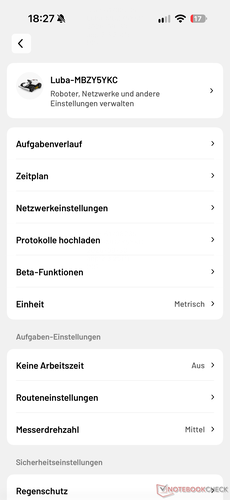 Menü mit weiteren Einstellungen