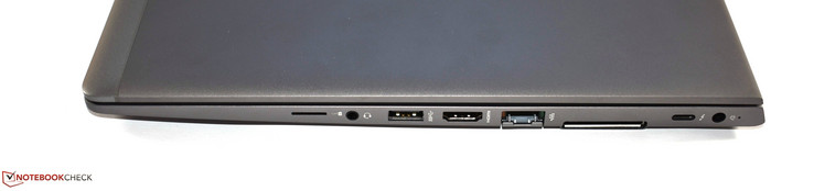 Rechts: SIM-Slot, Kombo-Audio, USB-3.0-Typ-A, HDMI, RJ465-Ethernet, Dockingport, Thunderbolt 3, Stromanschluss
