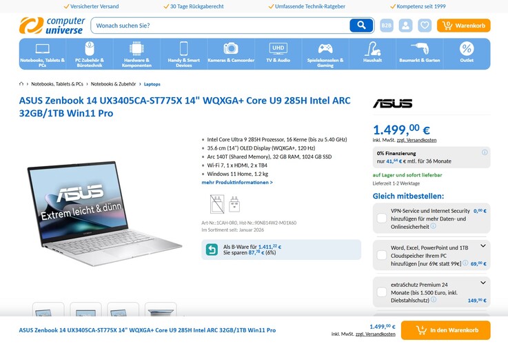 Asus ZenBook 14 UX3405CA-ST775X für 1.499 Euro.