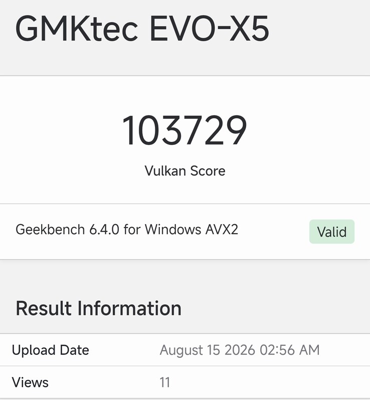 Der Geekbench-Eintrag für den GMKtec EVO-X5