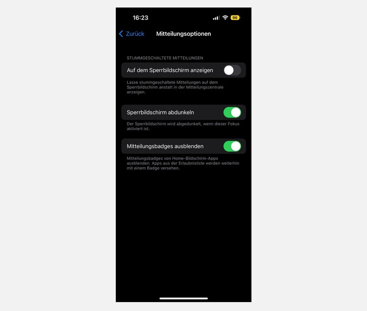 Apple versteckt die Option, den Sperrbildschirm abzudunkeln, in den Einstellungen der Fokus-Modi. (Screenshot: Notebookcheck)