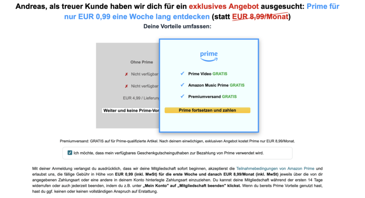 Ab und an vor dem Bestellvorgang zu sehen. Der Prime-Bereich ist noch auffälliger.