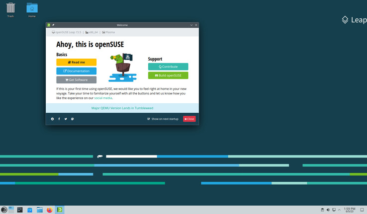 Screenshot einer frisch eingerichteten Instalation von Leap 15.5 mit KDE Desktop (Bild: openSUSE).