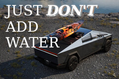 Elon Musk pries den Cybertruck als temporäres Boot an, aber der Truck scheint Probleme zu haben, sein Inneres bei Regen trocken zu halten (Bild: Tesla - bearbeitet)