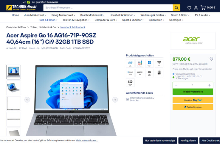 Acer Aspire Go 16 AG16-71P-90SZ für 879 Euro.
