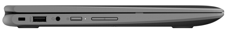 Linke Seite: Steckplatz für ein Kabelschloss, USB 3.2 Gen 1 (Typ A), Audiokombo, Einschaltknopf, Lautstärkewippe