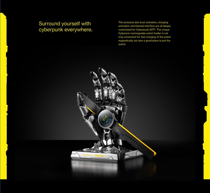 Der Cyberarm dient der OnePlus Watch Cyberpunk 2077 Edition als Halter und Ladearm.