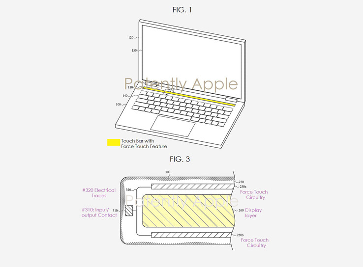Die Touch Bar im MacBook Pro könnte in Zukunft zwischen einfachen Berührungen und festem Druck unterscheiden. (Bild: Patently Apple)
