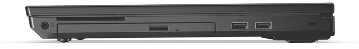 Rechte Seite: Audiokombo, SmartCard-Leser (nicht bei unserem Testgerät), DVD-Brenner, 2x USB 3.1 Gen 1 (Typ), Steckplatz für ein Kabelschloss