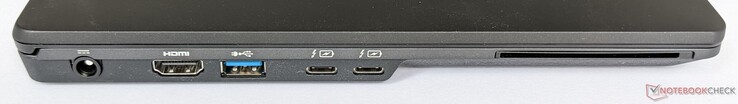 Linke Seite: Netzanschluss, HDMI, USB-A 3.2 Gen1, 2x Thunderbolt 4 (inkl. PD und DP 1.2), Smartcard-Reader