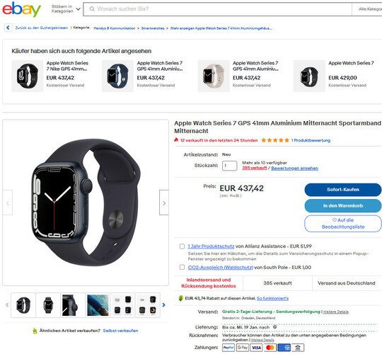 Die Apple Watch Series 7 41 mm zum Sparpreis von 393 Euro auf eBay - nach Eingabe des Rabattcodes.