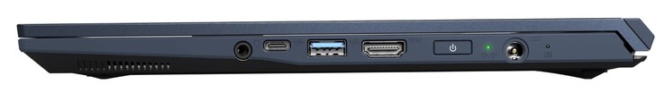 rechte Seite: 3,5 mm Klinke, USB-C 3.2 Gen2, USB-A 3.2 Gen1, HDMI 2.0, Powerbutton, Energiezufuhr