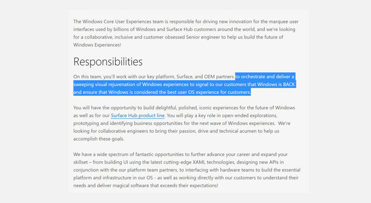 In dieser Stellenausschreibung gibt Microsoft an, dass Windows 10 massive Design-Upgrades erhalten wird.