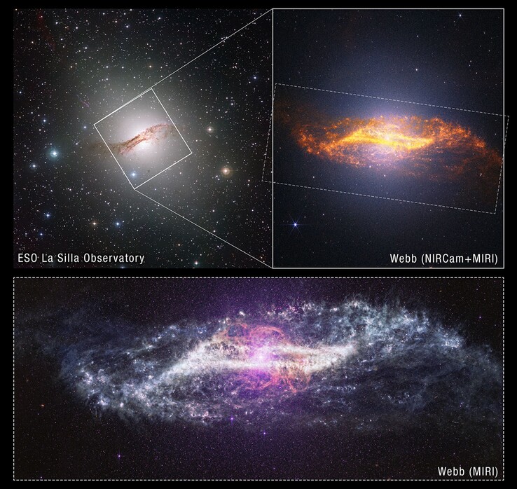 Eine Aufnahme der Galaxie Centaurus A mit verschiedenen Instrumenten