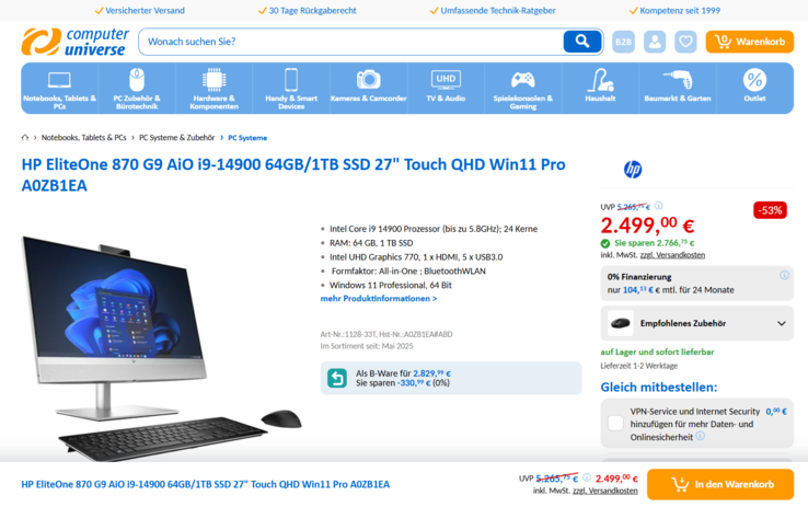 HP EliteOne 870 G9 Wolf Pro Security Edition 0A0ZB1EA für 2.499 Euro.