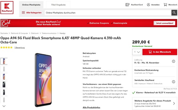 Bestpreis: Oppo A94 5G bei Kaufland für nur 289 Euro im Angebot.