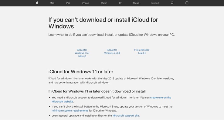 Apples Support-Seite für iCloud für Windows spricht eindeutig von Windows 11. (Bild: Apple)