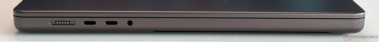 Links: MagSafe, 2x USB-C 4.0 mit Thunderbolt 5 (120 Gbit/s, DisplayPort 2.1, Power Delivery), 3,5-mm-Audio