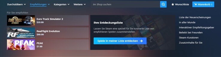 Der neue Empfehlungsbereich basiert unter anderem auf Spielzeit, bisherigen Käufen sowie Empfehlungen von Freunden. (Bildquelle: Steam)