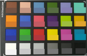 ColorChecker-Farben abfotografiert. In der unteren Hälfte jedes Patches ist jeweils die Originalfarbe abgebildet.