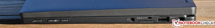 Rechts: Ein/Ausschalter, Lautstärke, 3,5 mm Audio-Kombo, microSD, SIM-Karte, USB 3.0 Powered, Kensington Lock