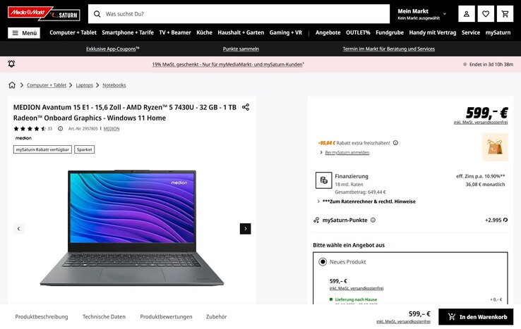 Medion Avantum 15 E1 dank Rabatt für 503,36 Euro.