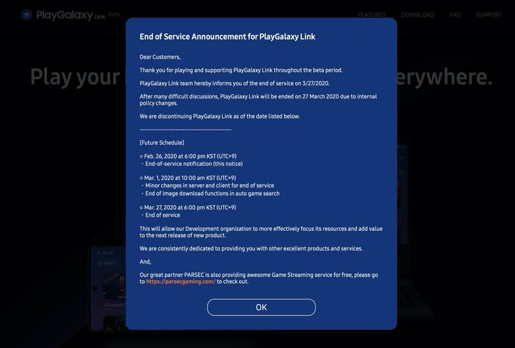 Mit dieser Nachricht kündigt Samsung die Einstellung des Dienstes an. (Bild: Samsung)
