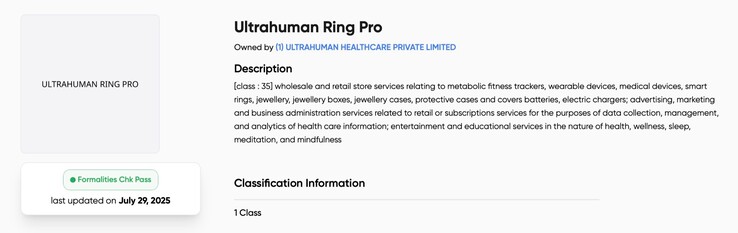 Der Ultrahuman Ring Pro wurde in Indien bereits markenrechtlich geschützt. (Bildquelle: Trademarkia)