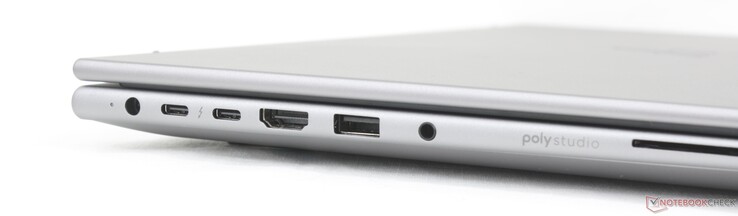 Links: Netzteil, 2x USB-C Thunderbolt 4 mit DisplayPort 2.1 + Power Delivery (40 Gbit/s), HDMI 2.1, USB-A (5 Gbit/s), 3,5 mm Combo-Audio, Smartcard-Leser (optional)