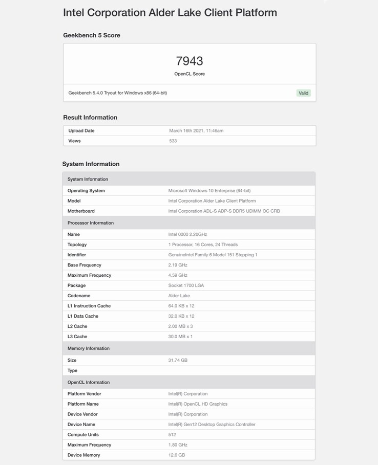 Die Intel Xe DG2 setzt offenbar auf 512 Compute Units und mehr als 12 GB Grafikspeicher. (Bild: Geekbench)