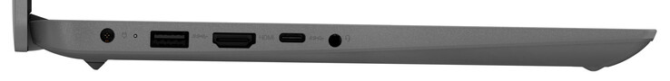 Linke Seite: Netzanschluss, USB 3.2 Gen 1 (USB-A), HDMI, USB 3.2 Gen 1 (USB-C), Audiokombo