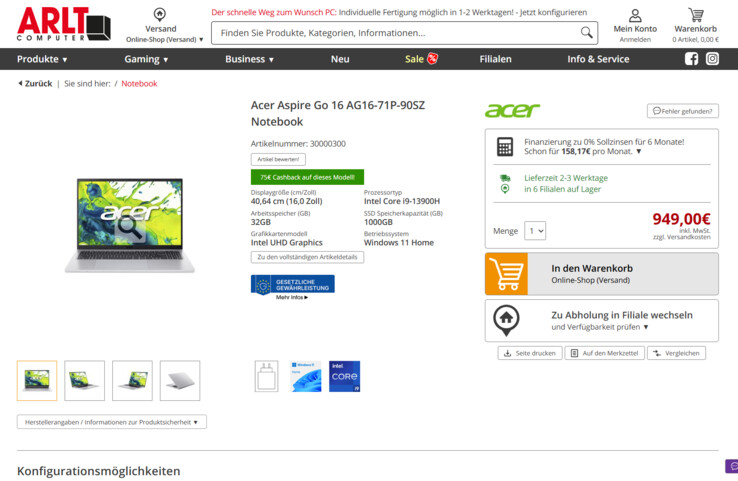 Acer Aspire Go 16 AG16-71P-90SZ für 949 Euro.