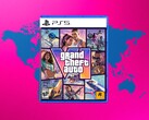 GTA 6 PS5 Box mit einer Weltkarte im Hintergrund