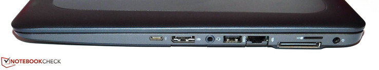 rechts: USB 3.1 Gen1 Typ C, DisplayPort SD-Kartenslot, Kombo-Audio, USB  3.0 Typ A, Ethernet, Dockingport, Sim-Slot, Netzanschluss